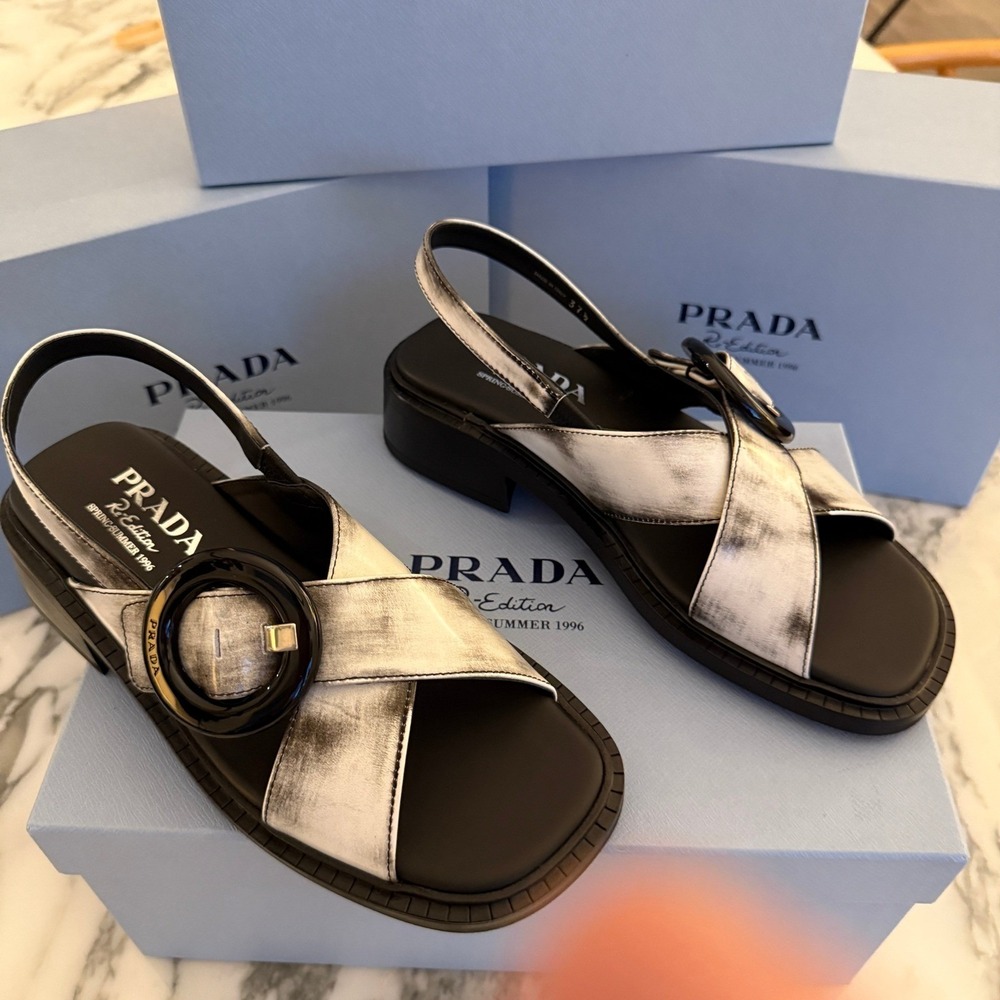Prada 1X962N Women White/Black Leather slingback sandals shoes size 39.5 US 9.5 - Picture 5 of 14